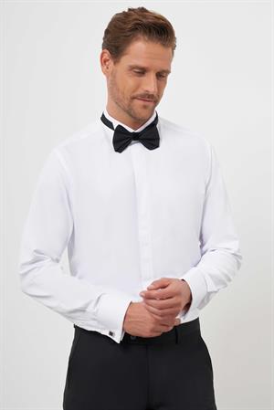 Morven Erkek Beyaz Manşetli Düz Desen Ata Yaka Slim Fit Gömlek