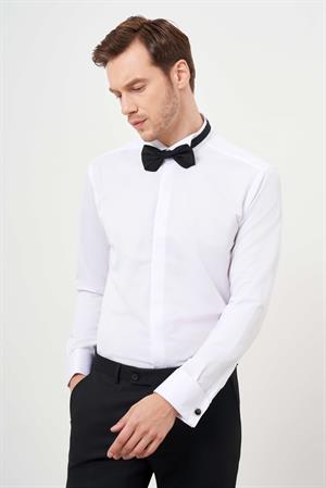 Morven Erkek Beyaz Manşetli Jakar Desen Ata Yaka Slim Fit Gömlek