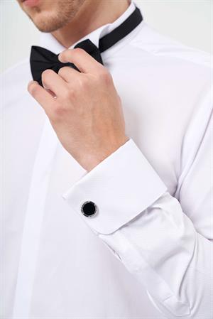 Morven Erkek Beyaz Manşetli Jakar Desen Ata Yaka Slim Fit Gömlek