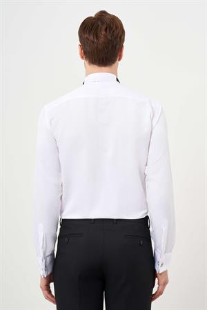 Morven Erkek Beyaz Manşetli Jakar Desen Ata Yaka Slim Fit Gömlek
