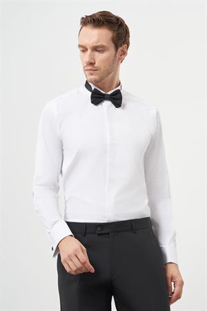 Morven Erkek Beyaz Manşetli Slim Fit Ata Yaka Gömlek