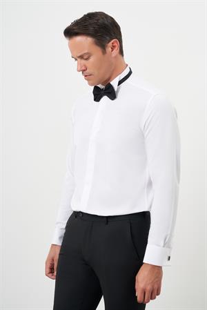 Morven Erkek Beyaz Manşetlii Jakar Desen Ata Yaka Slim Fit Gömlek