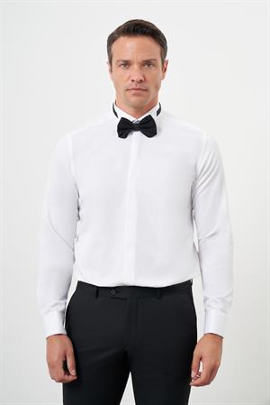 Morven Erkek Beyaz Manşetlii Jakar Desen Ata Yaka Slim Fit Gömlek
