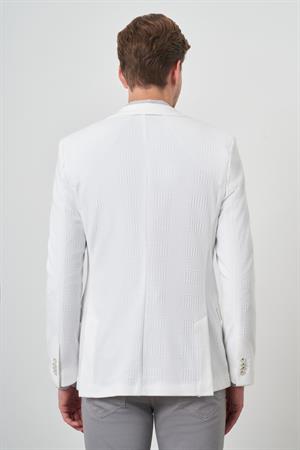 Morven Erkek Beyaz Örme Desenli Mono Yaka Slim Fit Ceket