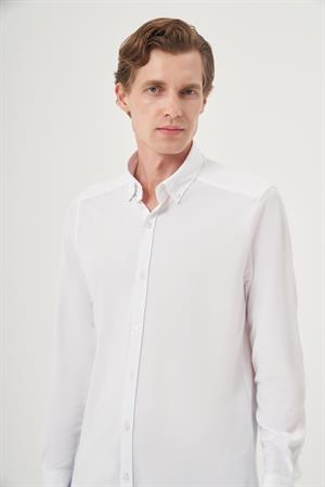 Morven Erkek Beyaz Örme Slim Fit Düğmeli Yaka Gömlek