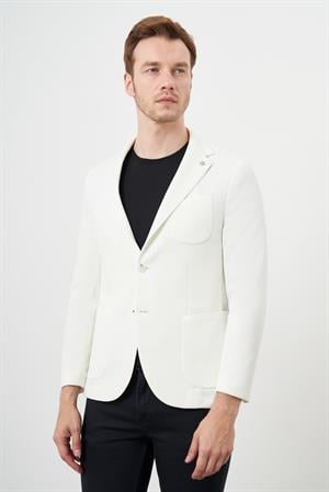 Morven Erkek Beyaz Örme Slim Fit Torba Cep Mono Yaka Spor Ceket