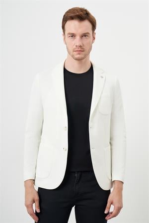 Morven Erkek Beyaz Örme Slim Fit Torba Cep Mono Yaka Spor Ceket