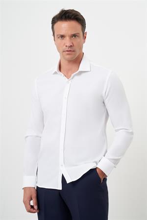 Morven Erkek Beyaz Pamuk Baskılı Desenli  İtalyan Yaka Slim Fit Gömlek