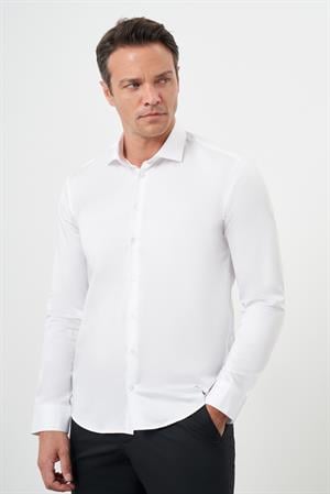 Morven Erkek Beyaz Pamuk Düz Desen İtalyan Yaka Slim Fit  Gömlek