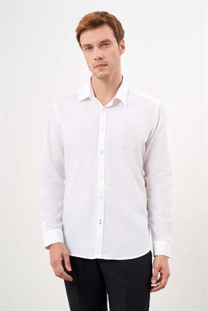 Morven Erkek Beyaz Pamuk Düz Desen Sert Yaka Regular Fit Gömlek