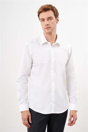 Morven Erkek Beyaz Pamuk Düz Desen Sert Yaka Slim Fit  Gömlek