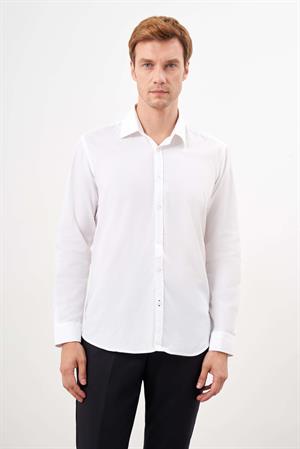 Morven Erkek Beyaz Pamuk Düz Desen Sert Yaka Regular Fit Gömlek