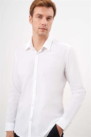 Morven Erkek Beyaz Pamuk Düz Desen Sert Yaka Regular Fit Gömlek