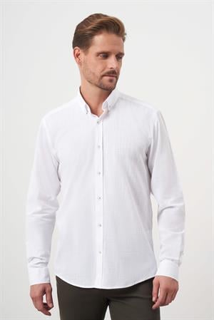 Morven Erkek Beyaz Pamuk Ekoseli Düğmeli Yaka Slim Fit Gömlek