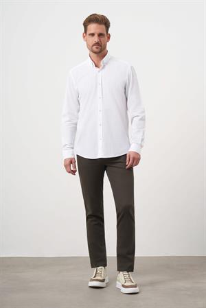 Morven Erkek Beyaz Pamuk Ekoseli Düğmeli Yaka Slim Fit Gömlek