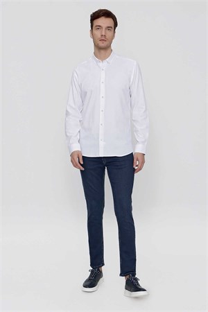 Morven Erkek Beyaz Pamuk Mini Oxford Slim Fit Dar Kesim Gömlek