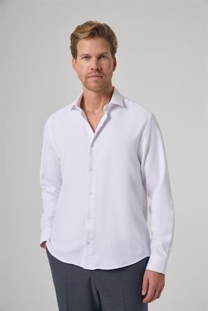 Morven Erkek Beyaz Polyester Trend Desenli Dynamic Fit İtalyan Yaka Gömlek