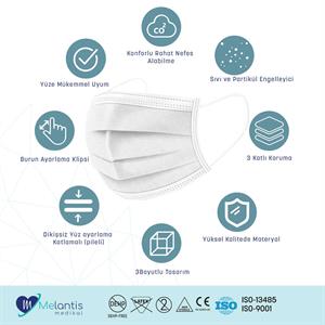 Morven Erkek Beyaz Telli 3 Katlı Cerrahi Maske 50 Adet* 4 Kutu