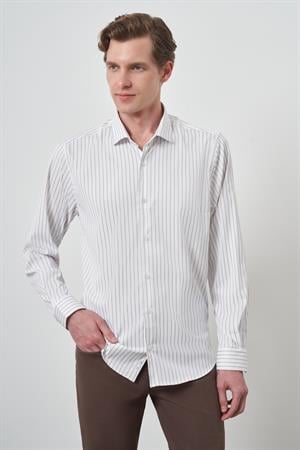 Morven Erkek Beyaz Trend Çizgili Slim Fit İtalyan Yaka Gömlek