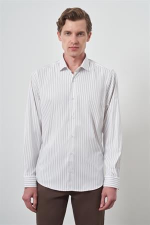Morven Erkek Beyaz Trend Çizgili Slim Fit İtalyan Yaka Gömlek
