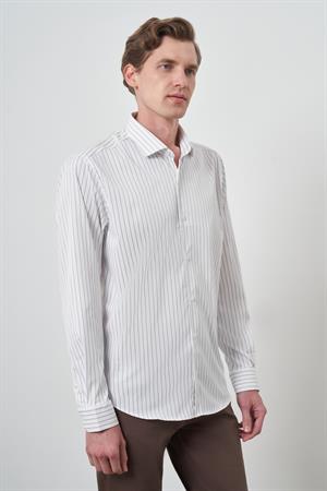 Morven Erkek Beyaz Trend Çizgili Slim Fit İtalyan Yaka Gömlek
