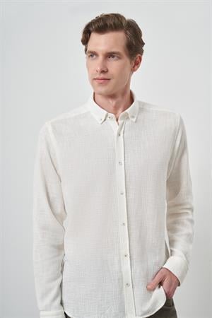 Morven Erkek Beyaz Trend Keten Slim Fit Düğmeli Yaka Gömlek