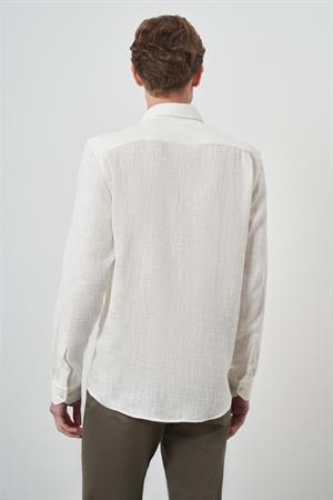 Morven Erkek Beyaz Trend Keten Slim Fit Düğmeli Yaka Gömlek