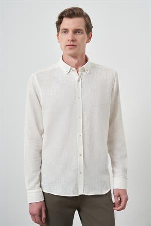 Morven Erkek Beyaz Trend Keten Slim Fit Düğmeli Yaka Gömlek