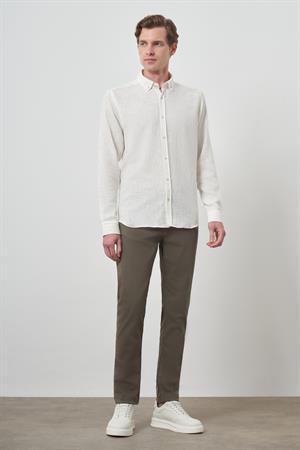 Morven Erkek Beyaz Trend Keten Slim Fit Düğmeli Yaka Gömlek