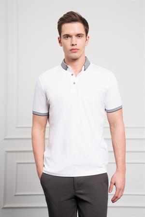 Morven Erkek Beyaz Trend Merserize Düz Düğmeli Yaka Dynamic Fit T-Shirt