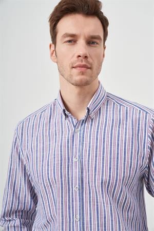 Morven Erkek Bordo Keten Panolu Düğmeli Yaka Regular Fit Gömlek