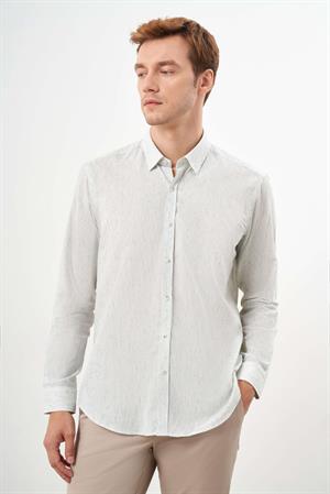 Morven Erkek Çağla Yeşili Pamuk Çizgili-Panolu İtalyan Yaka Regular Fit Gömlek