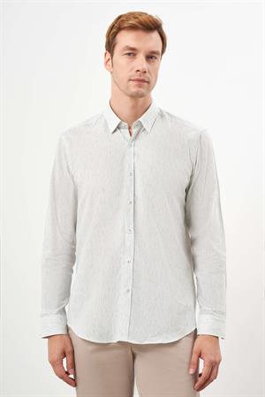 Morven Erkek Çağla Yeşili Pamuk Çizgili-Panolu İtalyan Yaka Regular Fit Gömlek