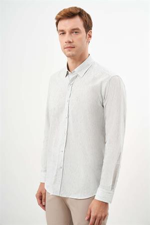 Morven Erkek Çağla Yeşili Pamuk Çizgili-Panolu İtalyan Yaka Regular Fit Gömlek