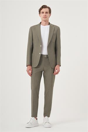 Morven Erkek Çağla Yeşili Poliviskon Trend Çizgili Slim Fit Mono Yaka Takım Elbise