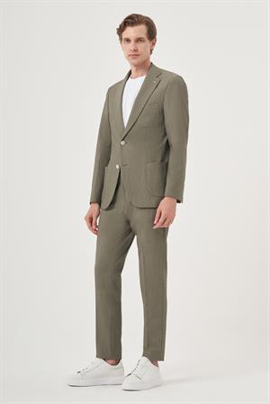 Morven Erkek Çağla Yeşili Poliviskon Trend Çizgili Slim Fit Mono Yaka Takım Elbise