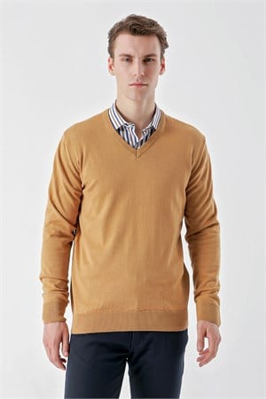 Morven Erkek Camel Basic V Yaka Dynamic Fit Rahat Kesim Triko