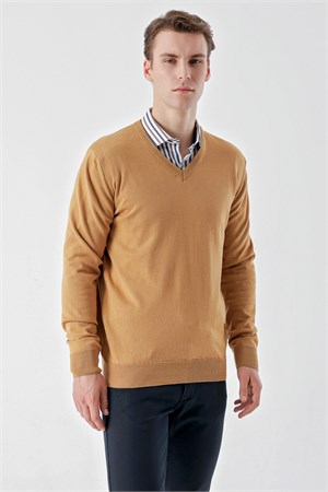 Morven Erkek Camel Basic V Yaka Dynamic Fit Rahat Kesim Triko