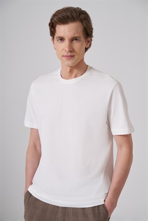 Morven Erkek Ekru Basic Bisiklet Yaka Dynamic Fit Pamuk T-Shirt