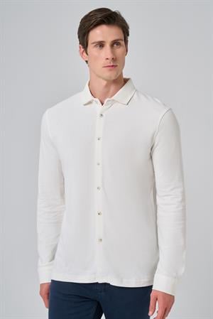 Morven Erkek Ekru Pamuk Trend Ağaç Kabuğu Desen Dinamik Fit İtalyan Yaka Gömlek