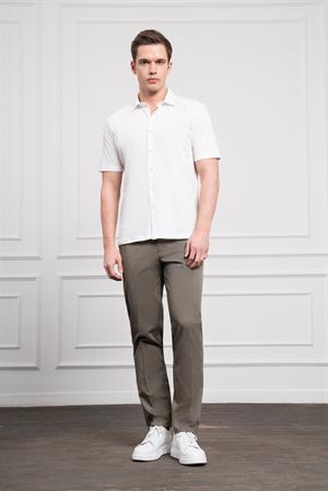 Morven Erkek Ekru Trend Apaçi Yaka Dynamic Fit Kısa Kollu Gömlek