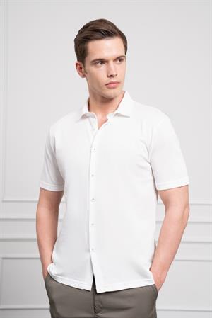 Morven Erkek Ekru Trend Apaçi Yaka Dynamic Fit Kısa Kollu Gömlek