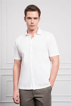 Morven Erkek Ekru Trend Apaçi Yaka Dynamic Fit Kısa Kollu Gömlek