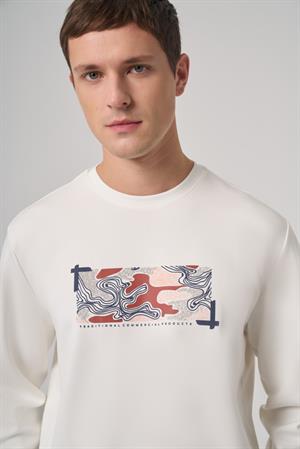 Morven Erkek Ekru Trend Baskılı Bisiklet Yaka Sweatshirt