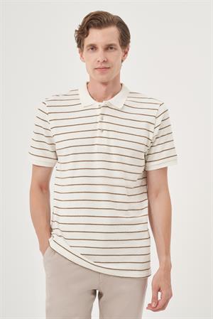 Morven Erkek Ekru Trend Çizgili Dinamik Fit Polo Yaka T-Shirt