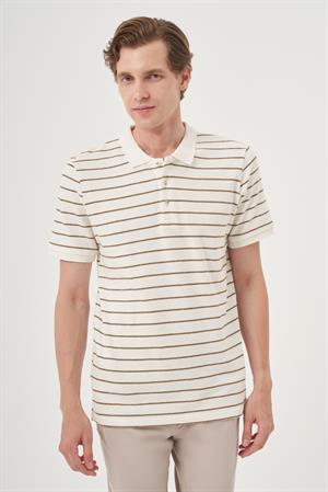 Morven Erkek Ekru Trend Çizgili Dinamik Fit Polo Yaka T-Shirt