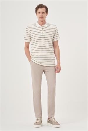 Morven Erkek Ekru Trend Çizgili Dinamik Fit Polo Yaka T-Shirt