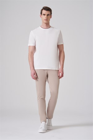 Morven Erkek Ekru Trend Düz Penye  Bisiklet Yaka T-shirt