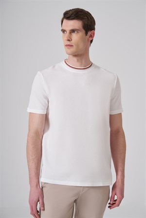 Morven Erkek Ekru Trend Düz Penye  Bisiklet Yaka T-shirt