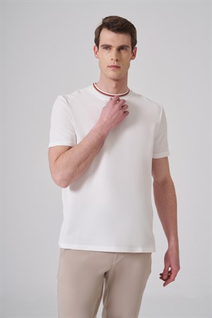 Morven Erkek Ekru Trend Düz Penye  Bisiklet Yaka T-shirt